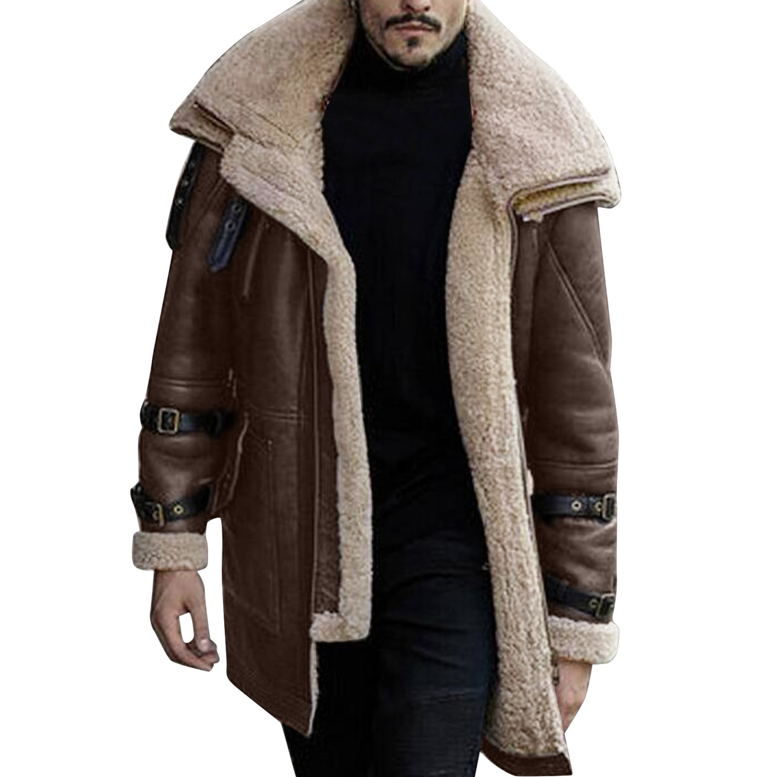 Lmtime Men Plus Size Winter Coat Lapel Collar Long Sleeve Padded Leather Jacket Vintage Thicken Coat Sheepskin Jacket 5XL Tall Women s Brown