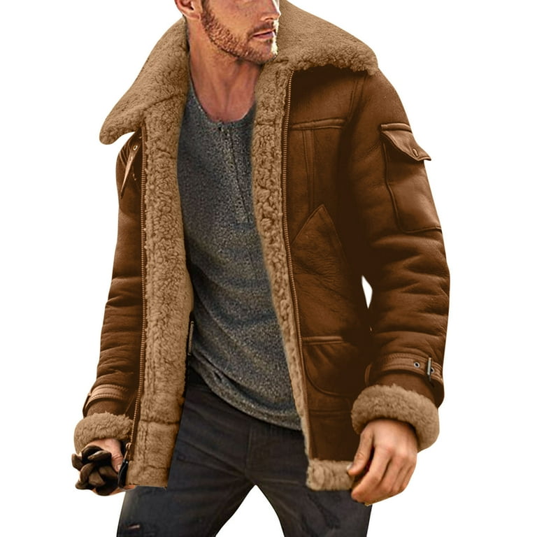 Men Plus Size Winter Coat Lapel Collar Long Sleeve Padded Leather Jacket Vintage Thicken Coat Sheepskin Jacket Long Walmart