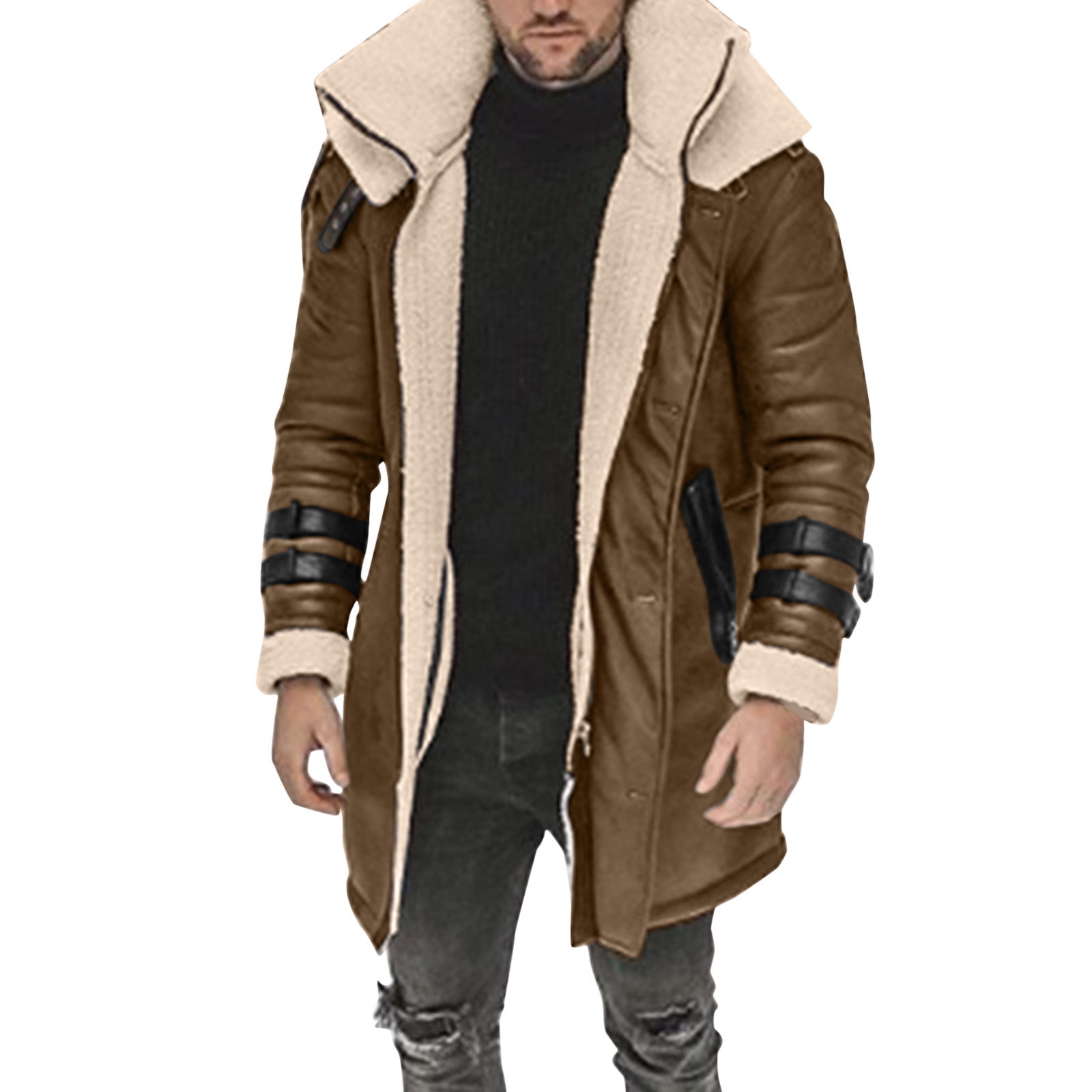 Men Plus Size Winter Coat Lapel Collar Long Sleeve Padded Leather ...