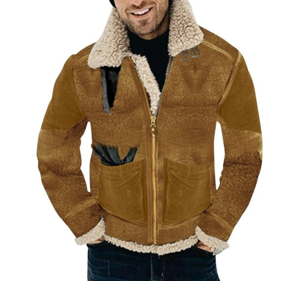 Men Plus Size Winter Coat Lapel Collar Long Sleeve Padded Leather Jacket Vintage Thicken Coat Sheepskin Zipper Jacket