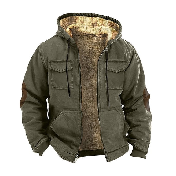 Men Plush Lining Jacket Men's Hooded Thermal Jacket with Drawstring Zipper Closure Plush Lining Versatile Outerwear for Men Thermal Zipper Jacket