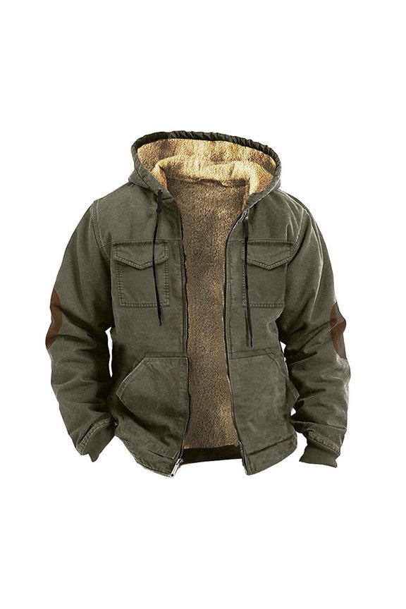 Men Plush Lining Jacket Men's Hooded Thermal Jacket with Drawstring Zipper Closure Plush Lining Versatile Outerwear for Men Thermal Zipper Jacket