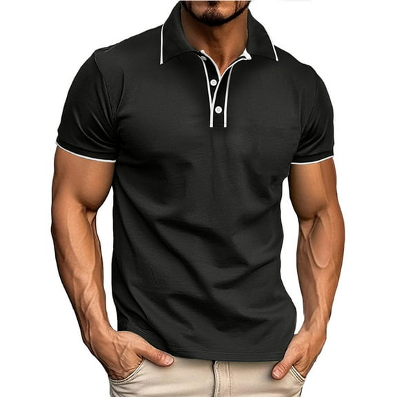 Men Polo Shirt Beefy Stretch Tops Dressy Short Sleeve Lightweight Jogging Tshirts Textured Shirt Men Work Black XL