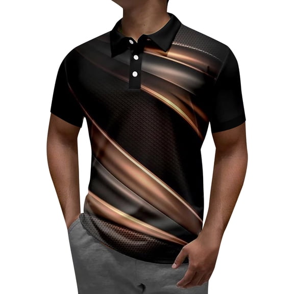 Men Polo Shirt Male Striped Printing Summer Fashion Casual Digital 3D Printing Lapel Button Mens Polo Shirts Short Sleeve Gold XXL