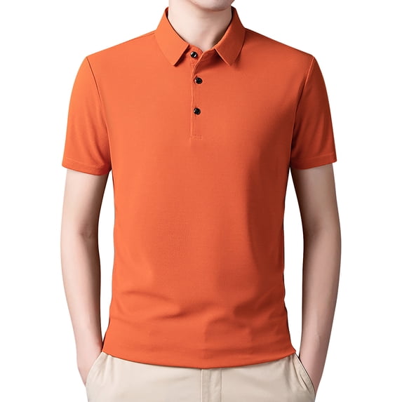 Men Polo Shirt Short Sleeve Button Down Tee Shirt Slim Fit Orange Golf Tops