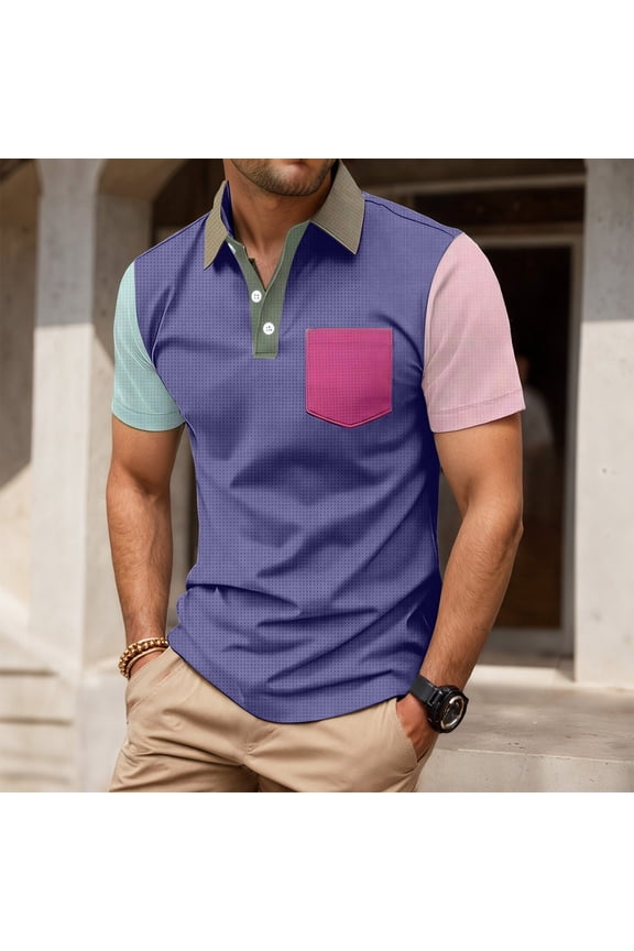 Men Polo Shirt Short Sleeve Quarter Button Up Tees Shirt Slim Fit Navy Work Shirts for Men