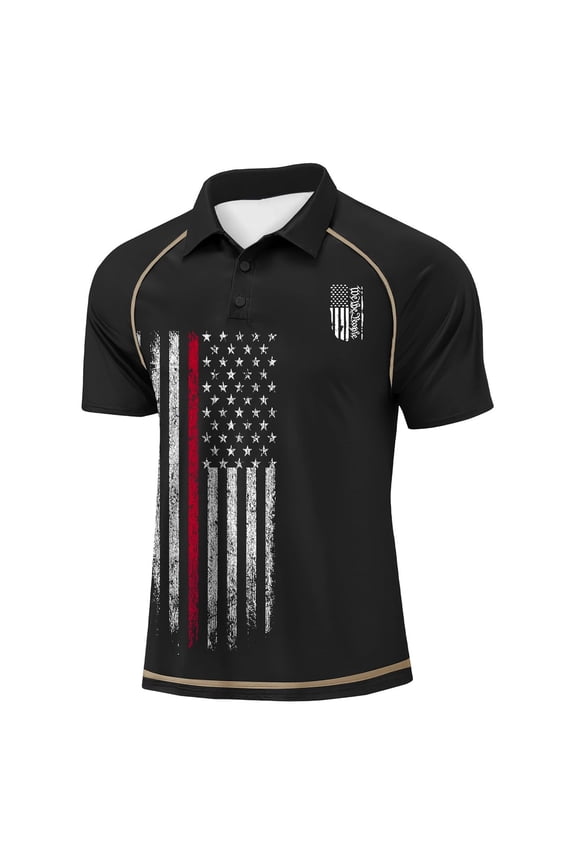 Men Polo Shirt Short Sleeve Quick Dry Performance Golf Top with Button Placket and All Over Flag Stripe Print Black L