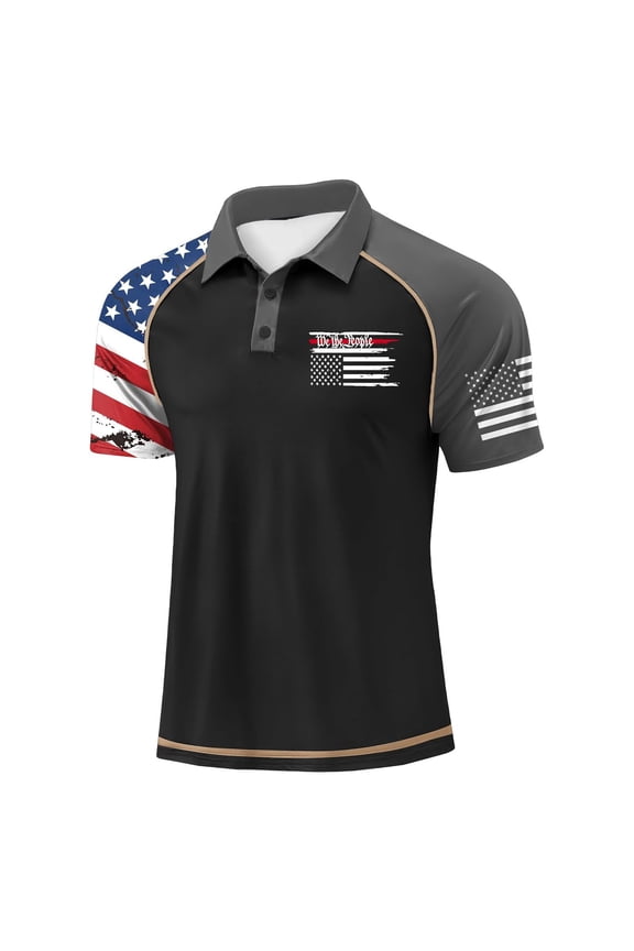Men Polo Shirt Short Sleeve Quick Dry Performance Golf Top with Button Placket and All Over Flag Stripe Print Dark Gray M