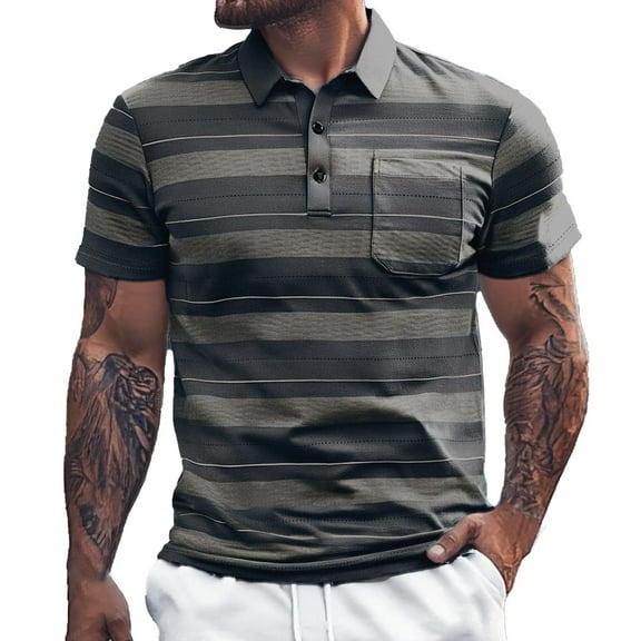 Men Polo Shirts Business Short Sleeve Button Up Collared Golf Striped Tops with Pocket Comfortable Casual Loose Sport Work Shirts for Men Grey XXXL-125
