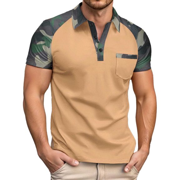 Men Polo Shirts Camo Short Sleeve Button Collared Tops with Pocket Casual Color Block Relaxation T Shirts for Man