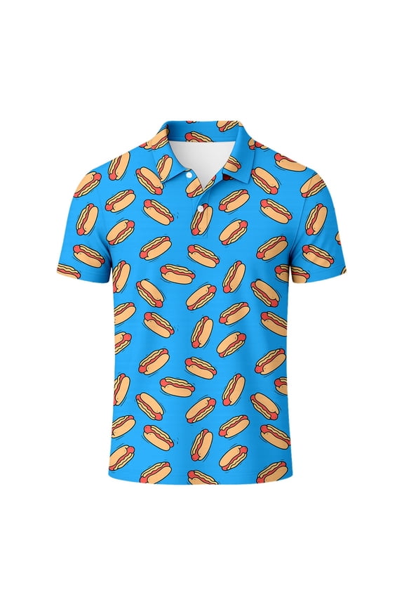 Men Polo Shirts Casual Short Sleeve Hot Dog Printed Button Down Collared Tops Comfortable Breathable Slim T Shirts for Man Sky Blue M