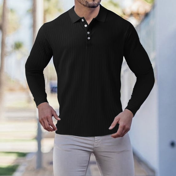 Men Polo Shirts Casual Solid Color Long Sleeve Striped Lapel T Shirt Button Down Winter Spring Daily Polos for Men Black L