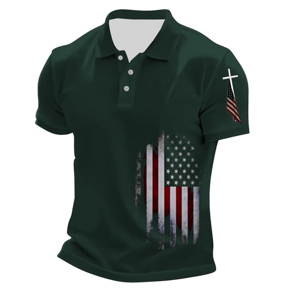 Men Polo Shirts Golf Flag Printed Short Sleeve Button Up Collared Tops Casual Breathable Workout Summer Sport Mens Shirts Dark Green XL