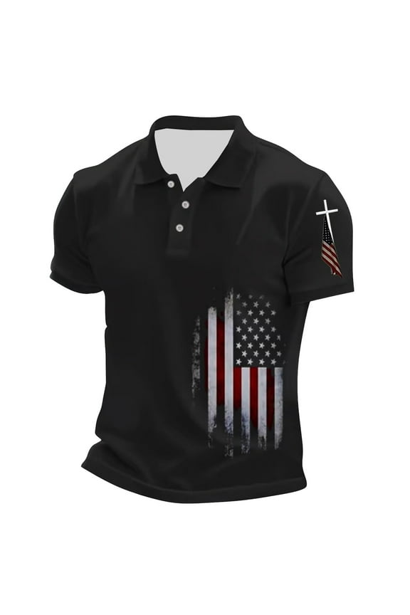 Men Polo Shirts Golf Flag Printed Short Sleeve Button Up Collared Tops Casual Breathable Workout Summer Sport T Shirts for Man Black L