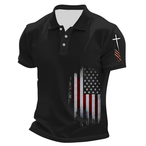 Men Polo Shirts Golf Flag Printed Short Sleeve Button Up Collared Tops Casual Breathable Workout Summer Sport T Shirts for Man Black L