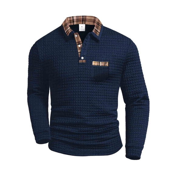 Men Polo Shirts Golf Small Plaid Casual Long Sleeve Button Up Collared Tops with Pocket Slim Fit Stretchy Sport Mens Shirts Navy L