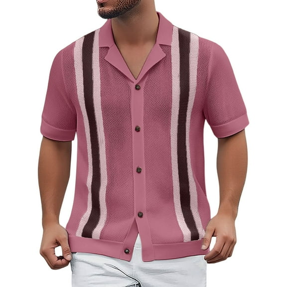 Men Polo Shirts Hollow Out Breathable Striped Button Down Collared Top Vacation Short Sleeve Loose Casual Mens Shirts
