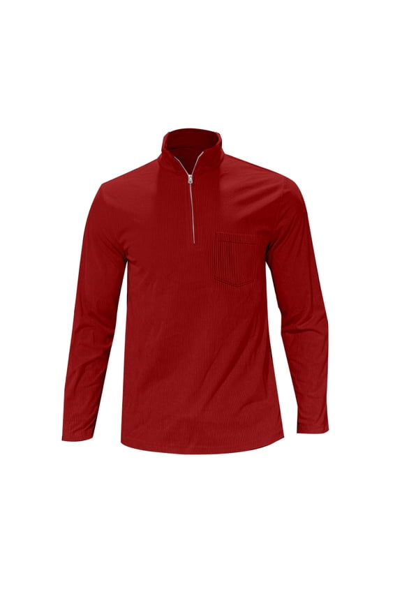 Men Polo Shirts Long Sleeve Quarter Zip Corduroy Polo Tees Loose Fit Red Mens Fashion Tops
