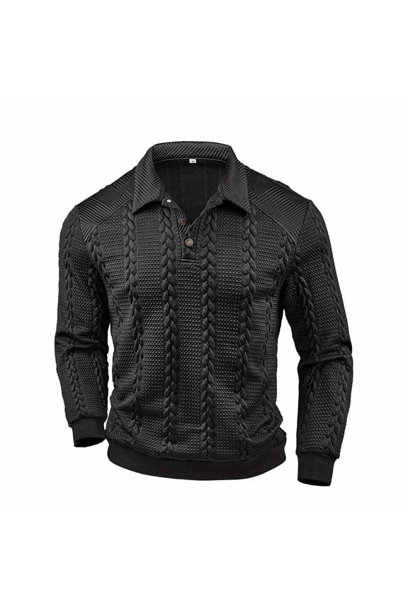 Men Polo Shirts Long Sleeve Textured Knit Tee Shirt Basic Black Mens Golf Shirt