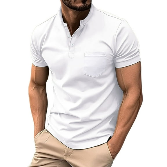 Men Polo Shirts Male Casual Button Down Lapel Solid Color Shirt Short Sleeve Sleeve Top Shirt Men's Shirts White M