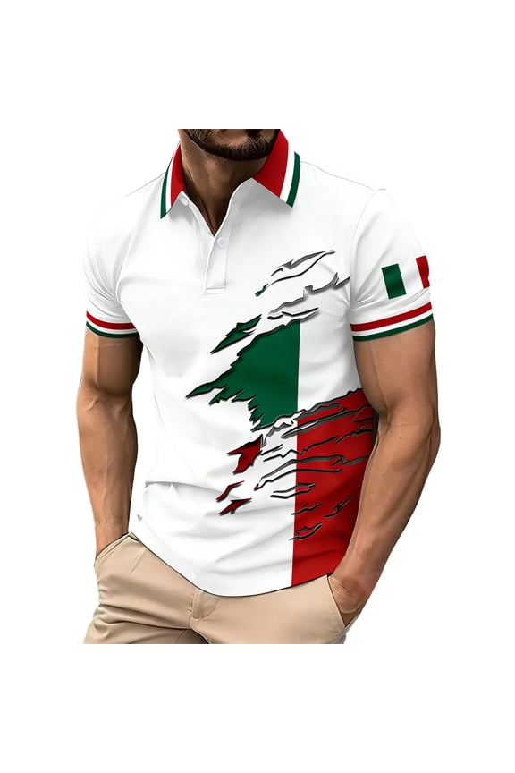 Men Polo Shirts Men's Short Sleeve Button Down Polo Shirt Italian Flag Print Summer Comfort Performance Top Casual Lightweight White M