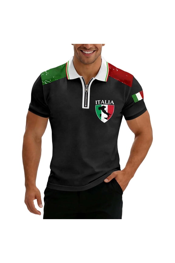 Men Polo Shirts Men's Short Sleeve Zip Polo Shirt Italian Flag Print Modern Top Patriotic Design Breathable Knit Fabric Lightweight Casual Black L