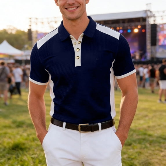Men Polo Shirts Short Sleeve Color Block Business Fit Structured Collar Modern Golf Slim Work Dress Shirts for Men Navy L