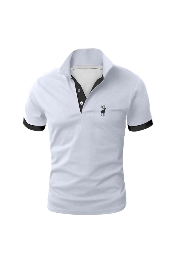 Men Polo Shirts Short Sleeve Deer Print Lapel T Shirt Color Matching Loose Business Foreign Trade Casual Polos for Men White L