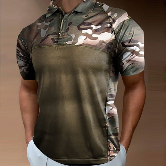 Men Polo Shirts Short Sleeve Lapel Zipper Camo Printing T Shirt Spring Summer Stylish Loose Casual Polos for Men Brown S