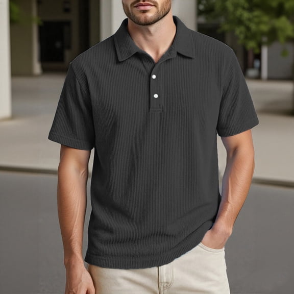 Men Polo Shirts Short Sleeve Quarter Button Up Tee Shirts Basic Black Men's Dress Shirts