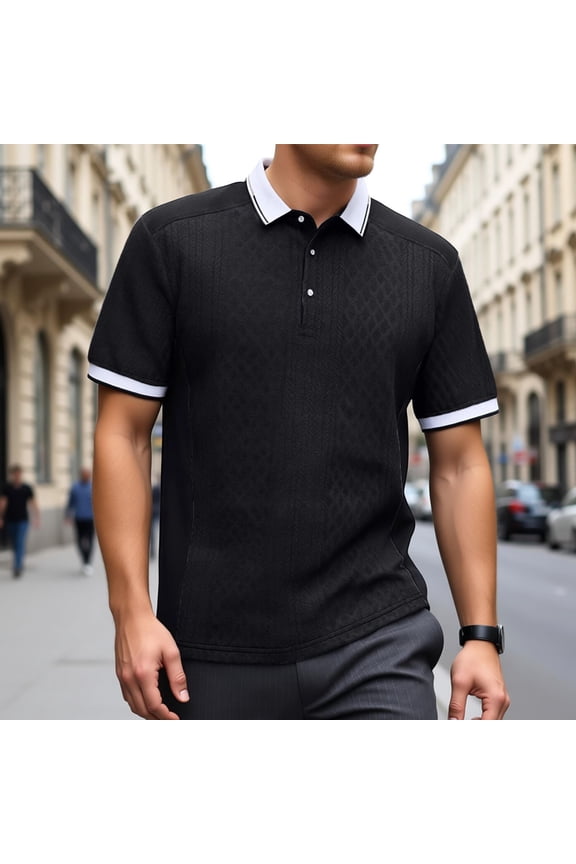 Men Polo Shirts Short Sleeve Quarter Button Up Tee Shirts Loose Fit Black Mens Beach Outfit