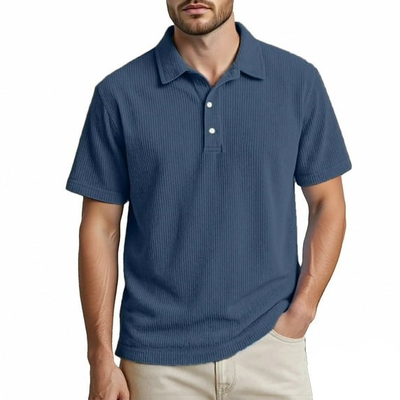 Men Polo Shirts Short Sleeve Quarter Button Up Tee Shirts Loose Fit Navy Work Shirts for Man