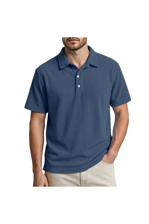 Men Polo Shirts Short Sleeve Quarter Button Up Tee Shirts Loose Fit Navy Work Shirts for Man