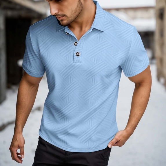 Men Polo Shirts Short Sleeve Quarter Button Up Tee Shirts Slim Fit Sky Blue Work Shirts for Man