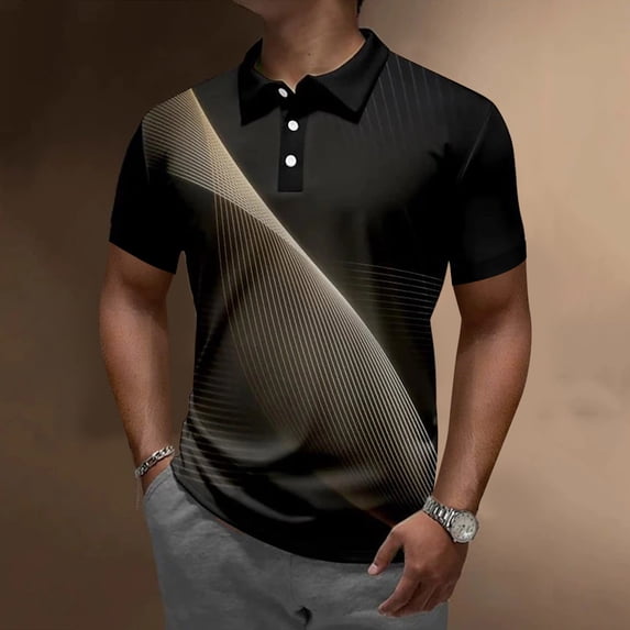 Men Polo Shirts Short Sleeve Striped Digital 3D Printing Lapel T Shirt Button Summer Stylish Casual Polos for Men Silver XL