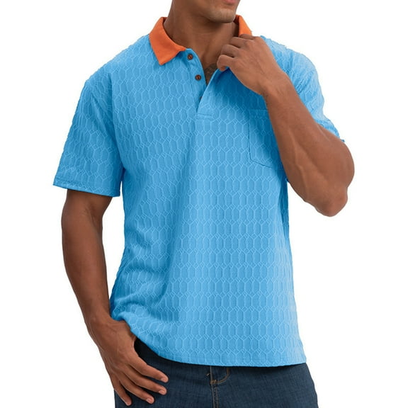 Men Polo Shirts Short Sleeve Tshirt Top Trendy Jacquard Blouses with Pocket Two-Tone Collared Tops Trendy Business Outfit Clothing