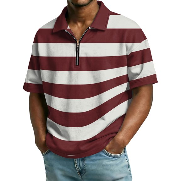 Men Polo Shirts Short Sleeve with Stripe Printed Sport Shirts for Men Casual Athletic Collared T-Shirts