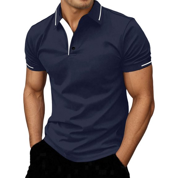 Men Polo Shirts Slim Fit Button Up Collared Short Sleeve Tee Breathable Stretchable Comfortable Casual Summer T Shirts for Man Navy S