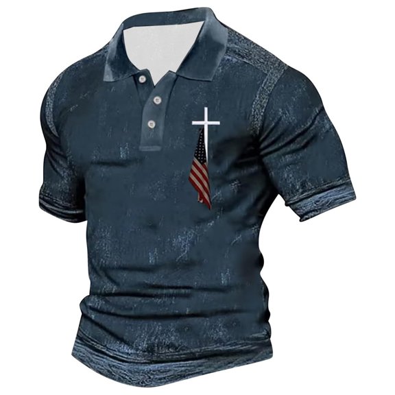 Men Polo Shirts Slim Fit Crucifix Printed Short Sleeve Button Up Collared Tops Summer Sport Breathable Stretchy Mens Dress Shirts Navy M