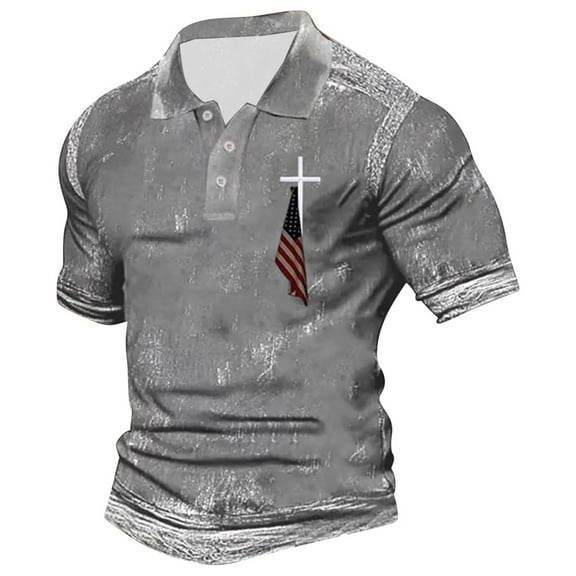 Men Polo Shirts Slim Fit Crucifix Printed Short Sleeve Button Up Collared Tops Summer Sport Breathable Stretchy Shirts for Men Grey L