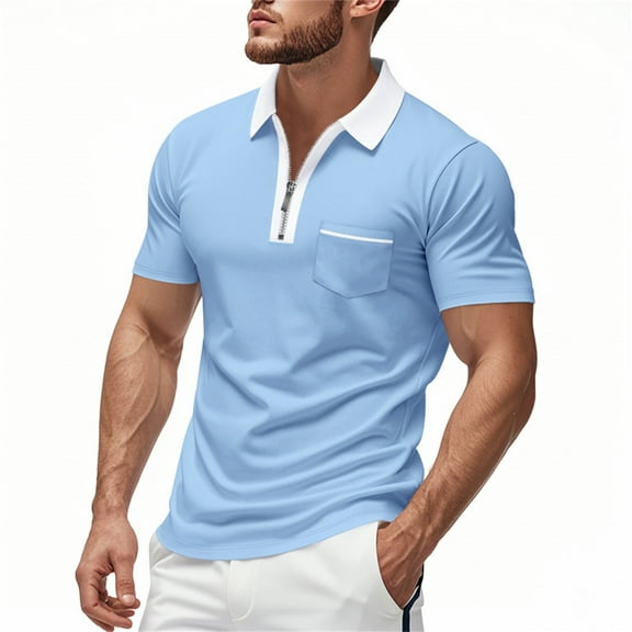 Men Polo Shirts Slim Fit Short Sleeve Zipper Down Collared Tees with Pocket Dressy Casual Business Work Mens Dress Shirts