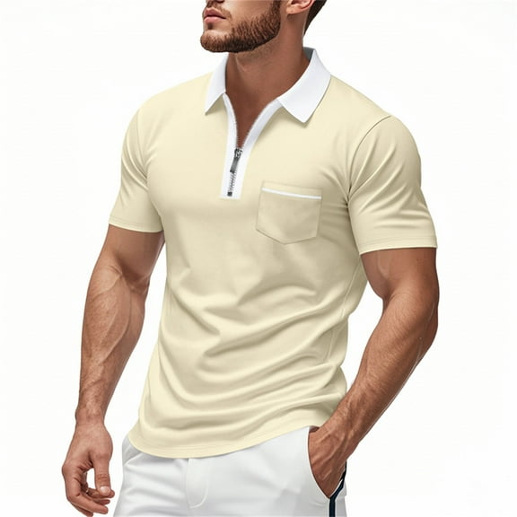 Men Polo Shirts Slim Fit Short Sleeve Zipper Down Collared Tees with Pocket Dressy Casual Business Work Mens T-Shirts