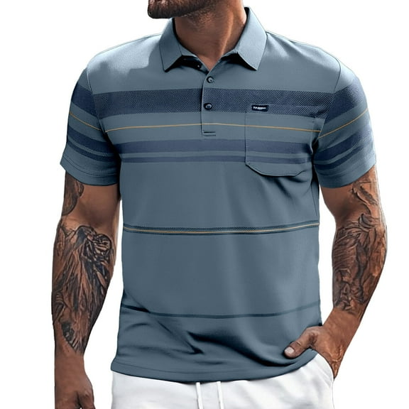 Men Polo Shirts Striped Button Collared Short Sleeved Top with Pocket Casual Loose Comfortable Trendy Business Mens T-Shirts