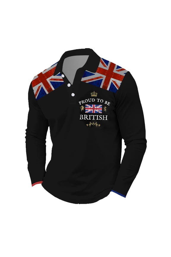 Men Polo Shirts Uk Flag Jack Print Print Thin Breathable Shirts Turndown Collar Long Sleeve Classic Fit Casual Men Tshirt