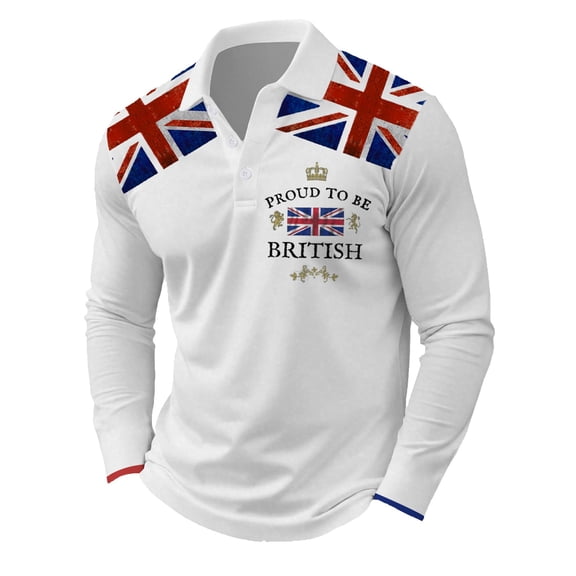 Men Polo Shirts Uk Flag Jack Print Print Thin Breathable Shirts Turndown Collar Long Sleeve Classic Fit Casual Mens Tshirt
