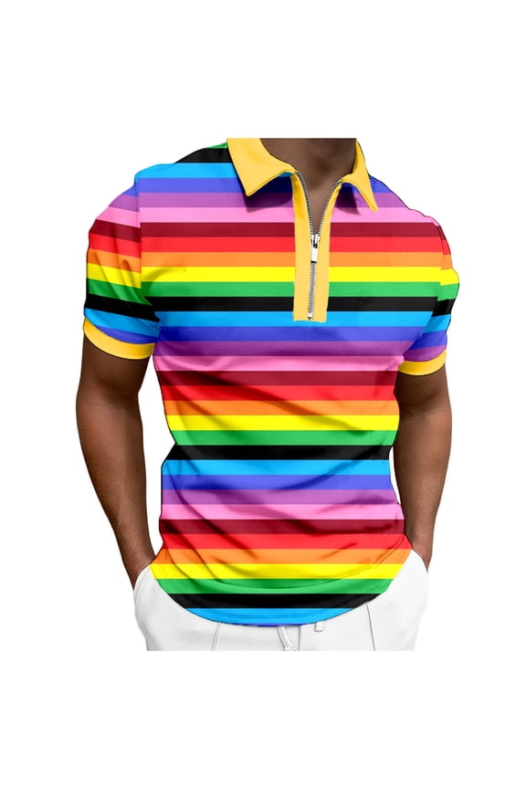 Men Polo Shirts Zipper Rainbow Color Stripe Short Sleeve Summer Lightweight Breathable Sport Mens Dress Shirts