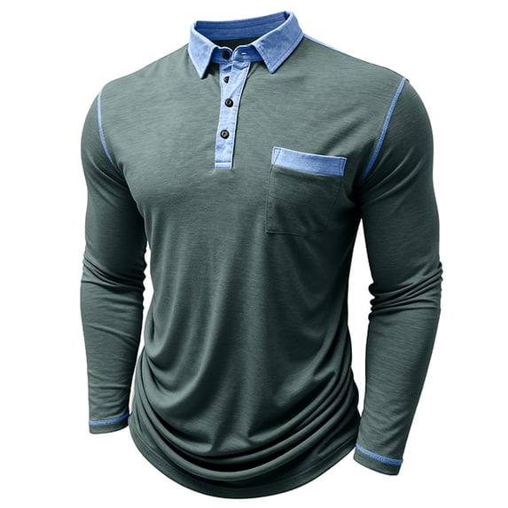 Men Polo T Shirts Long Sleeve Button Down Tees Shirts Loose Fit Green Mens Outfits