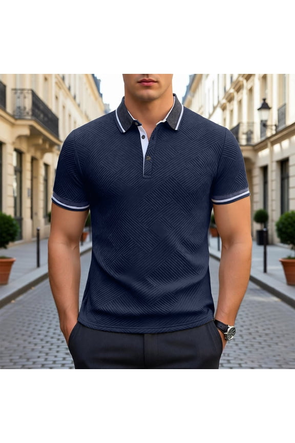 Men Polo T Shirts Short Sleeve Quarter Button Up Tees Shirt Slim Fit Navy Shirts for Men