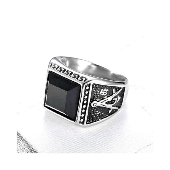 Men Popular Masonic AG Compass Black Cubic Zirconia Solitaire Gemstone Stainless Steel Ring, square stone ring, man rings , signet man rings