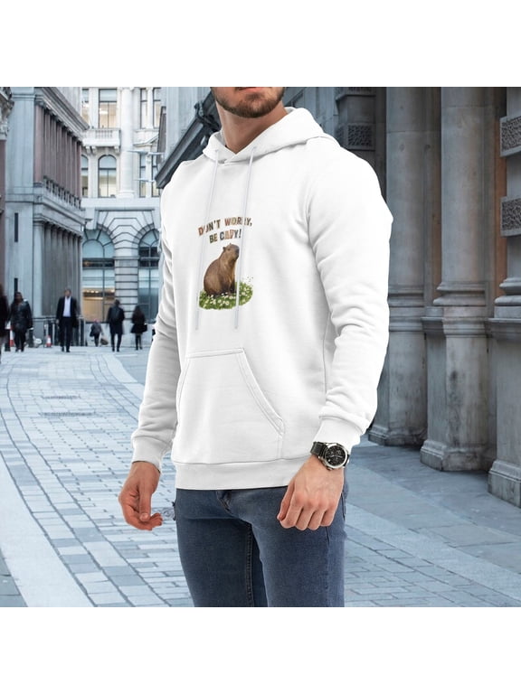 Men Positive Don’t Worry Be Happy Chill Capybara Daisy Flower Grass Graphic Pullover Hoodie, Relax Wildlife Lover Black 230g Fleece Hoodie